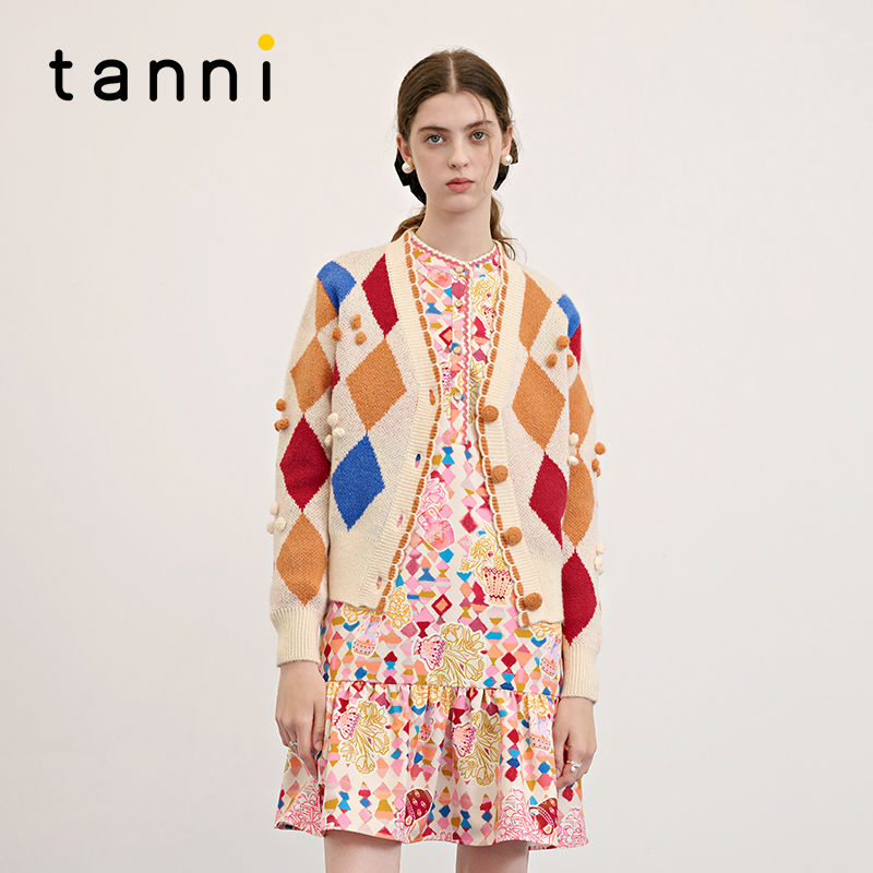 tanni拼接古着感短款针织开衫