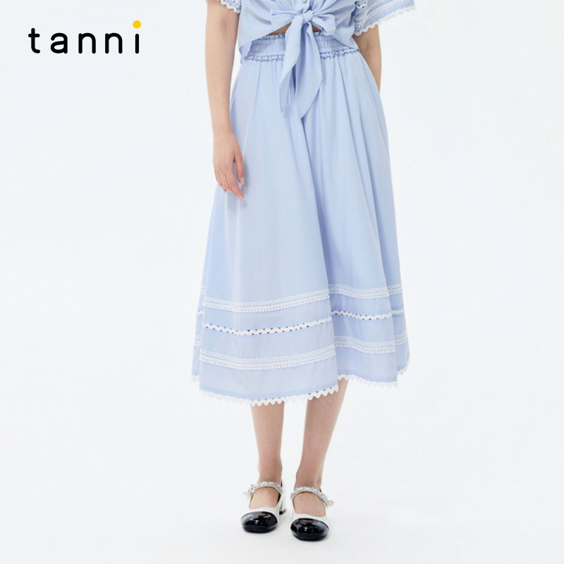 tanni26夏季新款英伦假日风氧气少女蓝色松紧腰蕾丝拼接高腰半裙