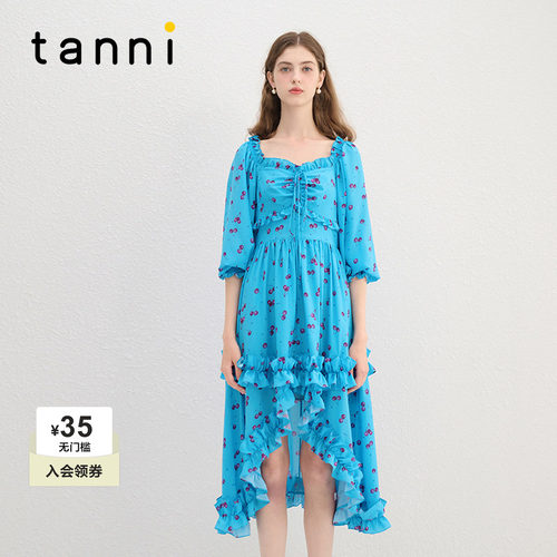 tanni法式复古方领印花连衣裙