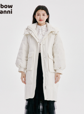 rainbow白鸭绒黑白纯色立领加厚保暖时尚连帽长羽绒服RL31DJ002A