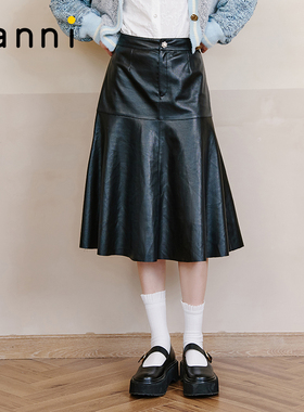 tanni冬季新品黑色百搭显瘦鱼尾下摆pu半身裙TL31SK001A