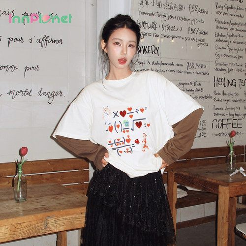 innplanet25秋新款大力水手系列廓形假两件拼接长袖T恤PO31TS813A