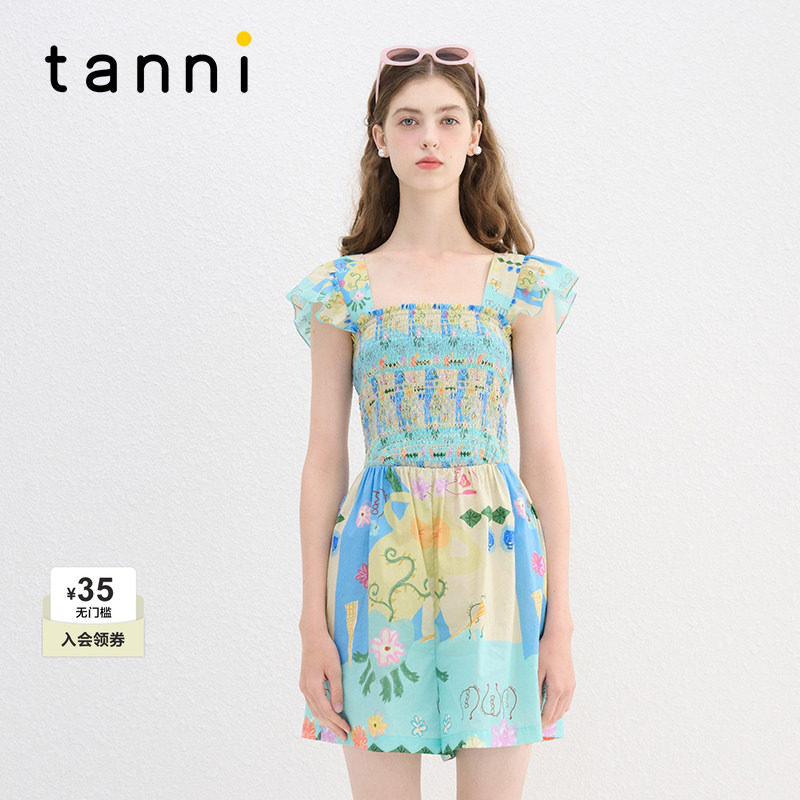 tanni休闲印花飞飞袖阔腿连体裤图片