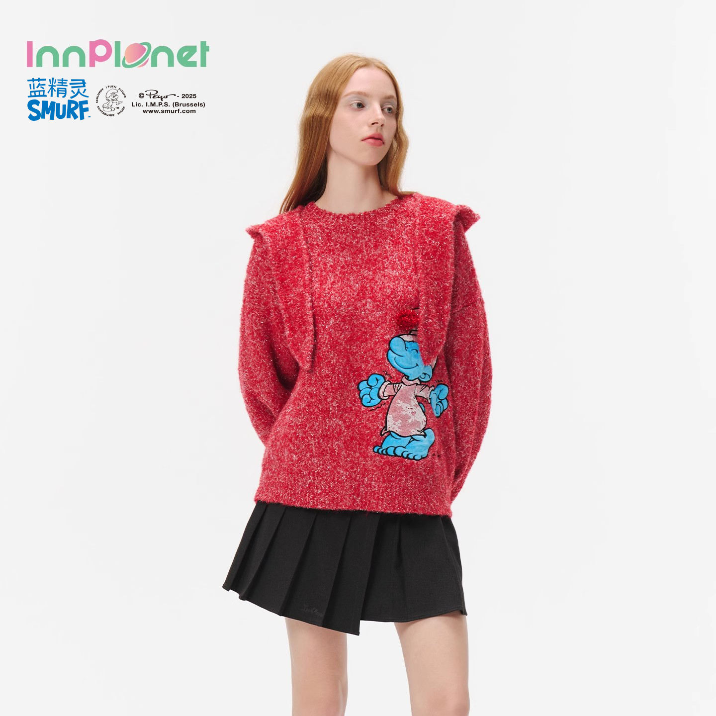 innplanet25秋冬新款蓝精灵系列可拆卸帽字针织套头衫PO31KN822A