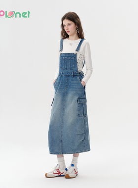 innplanet25春新款复古收腰宽松休闲后开衩背带牛仔裙PO11DE025A