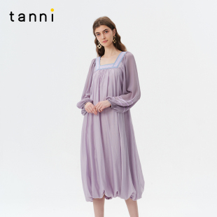 tanni25夏新款 方领花苞宽松显瘦轻薄连衣裙TO11DR028A 浪漫法式