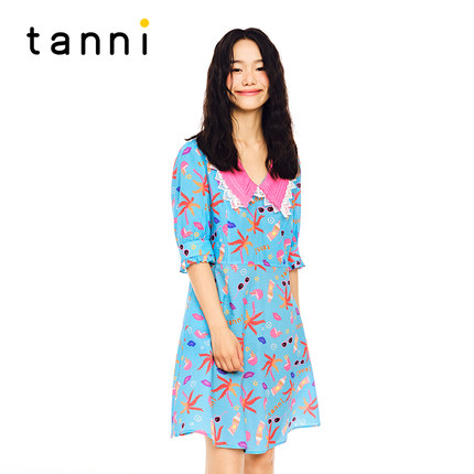 tanni新款甜美休闲百搭娃娃领中长款连衣裙TL11DR078A
