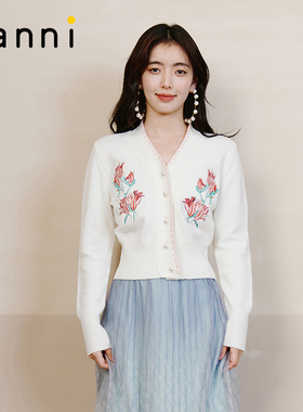 tanni新品刺绣花卉通勤淑女优雅气质温柔百搭针织开衫TL31KN613A