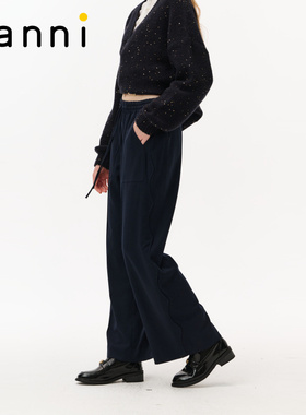 tanni2026春新款休闲风百搭简约松紧腰藏蓝色直筒长裤TO31PA014A