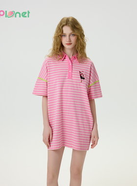 innplanet25秋新款大力水手联名粉色条纹polo领短袖T恤PO11TS823A