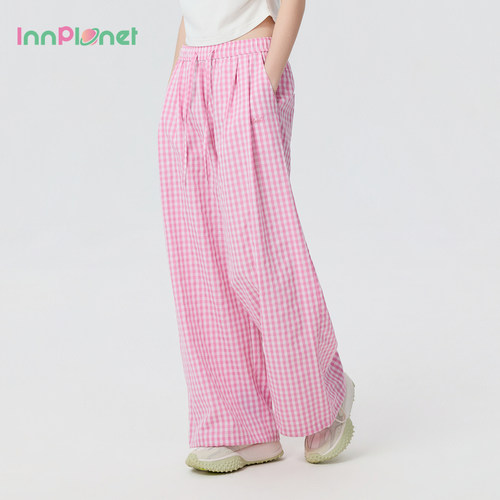 innplanet26夏季新款都市慵懒风氧气少女穿搭格纹松紧腰阔腿裤女