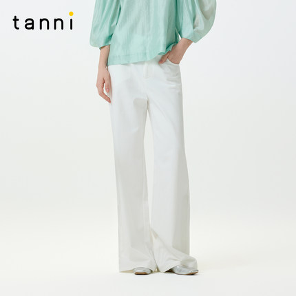 tanni25秋新款时髦百搭简约白色高腰显瘦阔腿裤休闲裤TO11PA601A