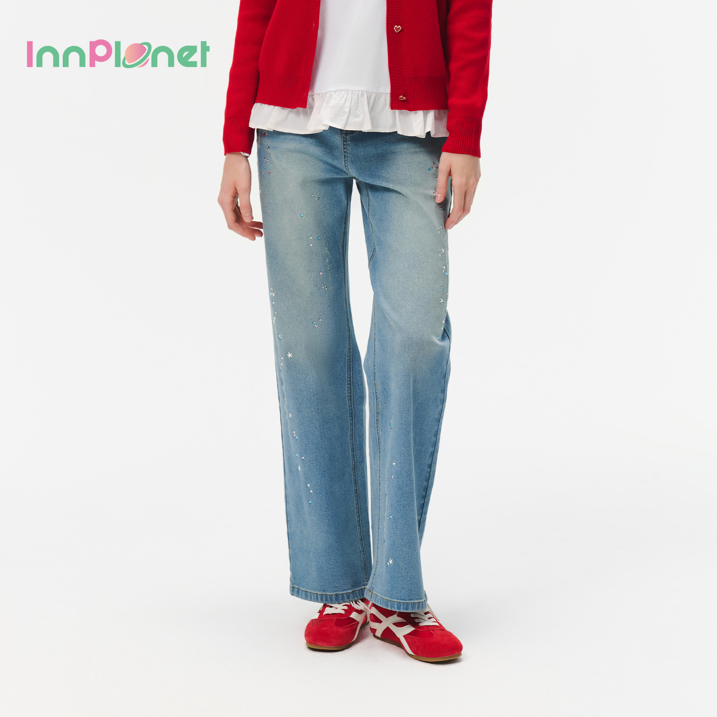 innplanet25秋冬新款潮流时尚微弹彩钻直筒牛仔长裤PO31DE041A