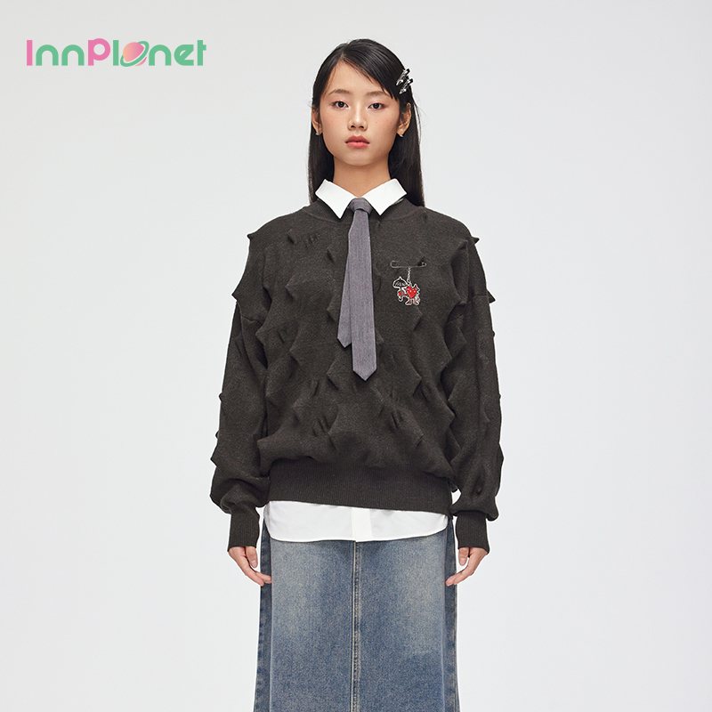 innplane百搭黑色套头圆领针织衫