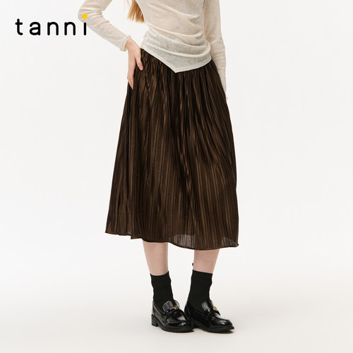 tanni夏新款文艺复古静谧咖色肌理褶皱半身群中长裙女TO31SK026A
