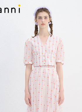 tanni度假风优雅法式浪漫海星条纹显瘦短款短袖上衣女TN11BL037C