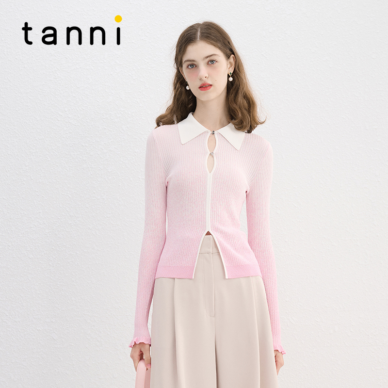 tanni翻领荷叶边渐变针织打底衫