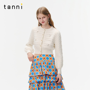 TO31KN201A 针织开衫 tanni25秋冬新款 甜美淑女白色简约圆领短款