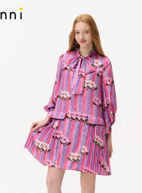 tanni25秋冬新款浪漫复古少女压褶系带印花衬衫连衣裙TO31DR026A