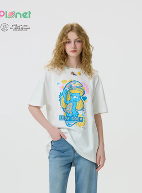 innplanet25秋新款蓝精灵联名休闲宽松百搭立体印花T恤PO11TS846C