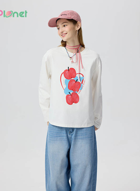 tanni新款简约卡通苹果元气白色长袖衬衫PP11TS011A