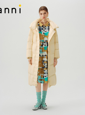 tanni新款温柔气质拼接抽褶围领浅黄色长款羽绒服TN31DJ121A