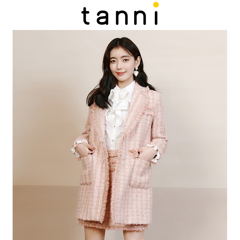 tanni小香风粉色格子编织外套