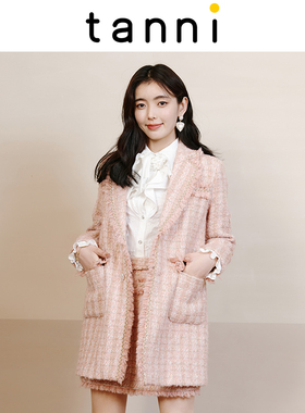 tanni冬季新品小香风编织格子流苏毛边粉色外套TL31OW600A