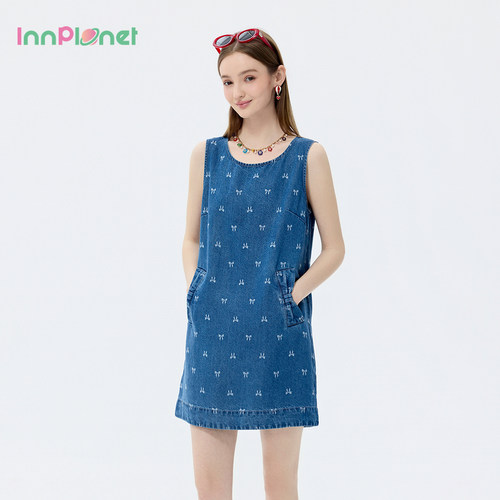 innplanet26夏新款甜美少女风直筒无袖仿牛仔蝴蝶结印花连衣裙女