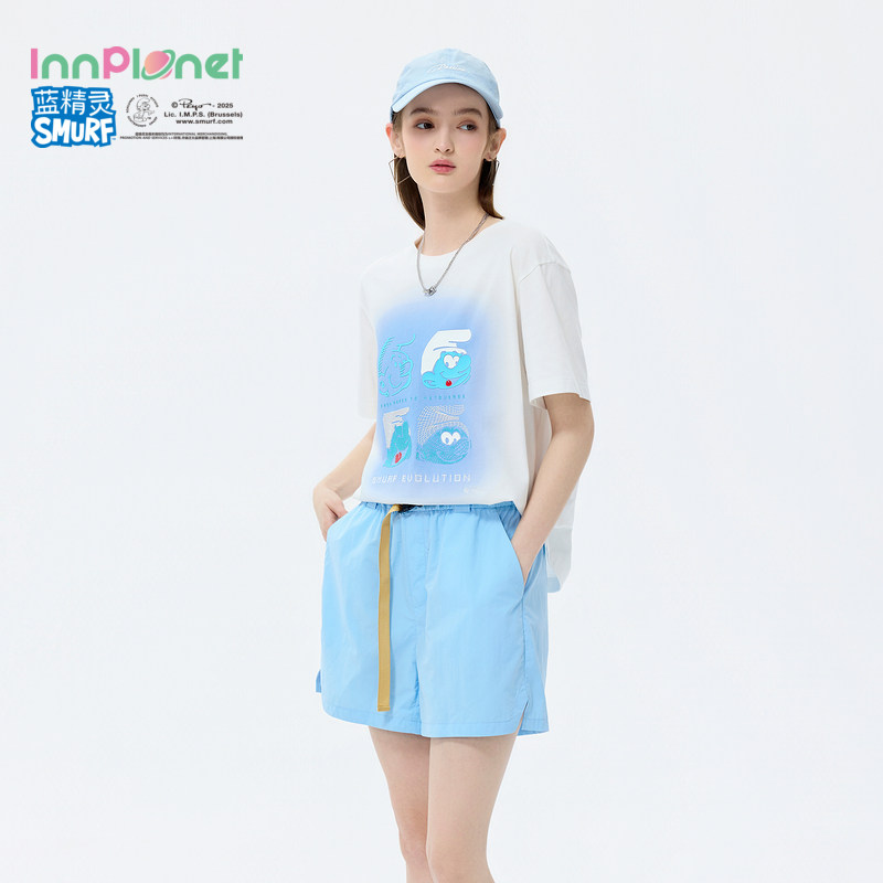 innplanet26夏季蓝精灵联名童趣蓝白渐变刺绣宽松短袖印花T恤上衣