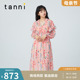 tanni明星商场同款 印花长袖 甜美收腰连衣裙V领TI11DR170A