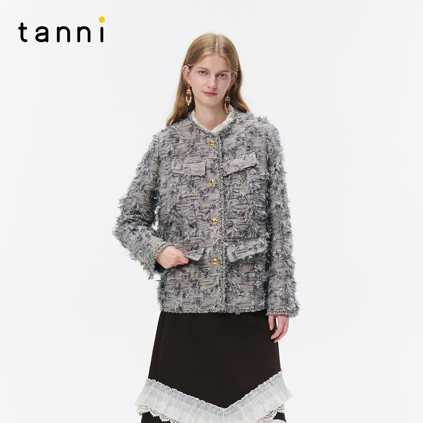 tanni25秋冬新款优雅千金风金属扣圆领花呢小香风外套TO31OW151A