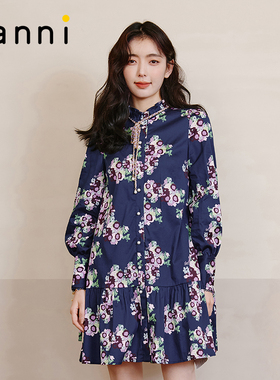 tanni商场同款百搭显瘦高雅贵气显气质印花长袖连衣裙TL31DR035A