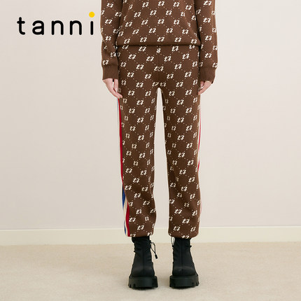 tanni新款个性时尚老花撞色织带运动针织裤TM31KN045A