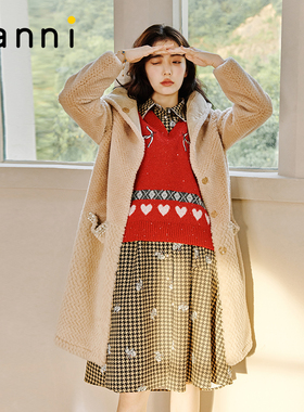 tanni商场同款百搭显瘦宽松保暖连帽棕色羊毛大衣外套TL31CO002A