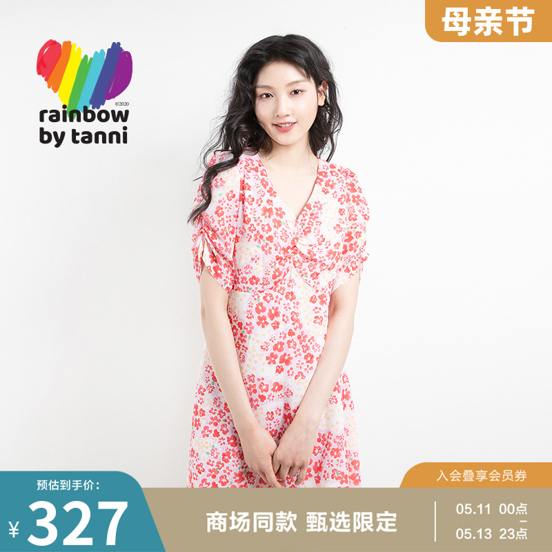 rainbow by tanni夏季V领修身收腰雪纺碎花连衣裙女RK11DR908A 女装/女士精品 连衣裙 原图主图