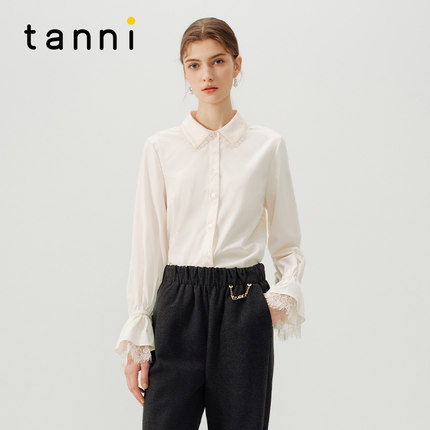 tanni新款通勤浪漫法式简约花苞袖蕾丝拼接衬衫TN31SH141A