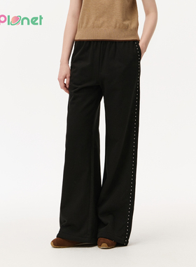 innplanet25秋冬新款休闲运动铆钉蕾丝拼接阔腿长裤PO31PA012A