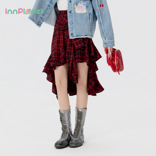 innplanet26夏新款软核街头风摇滚少女黑红格蝴蝶结不规则半身裙