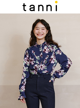 tanni秋冬新品木耳边小立领衬衫上衣复古优雅衬衫TL31SH123B