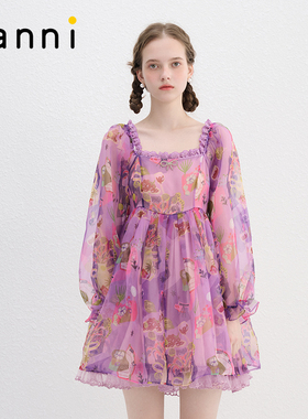 tanni新款甜美法式方领公主裙anni风格印花裙TN11DR087A