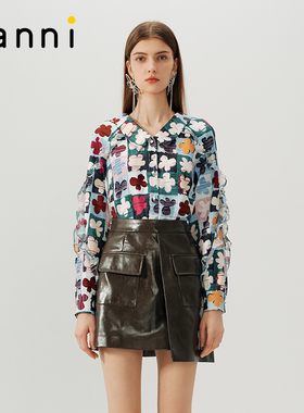 tanni新款优雅复古趣味蕾丝拼接幸运草印花衬衫TN31SH047A