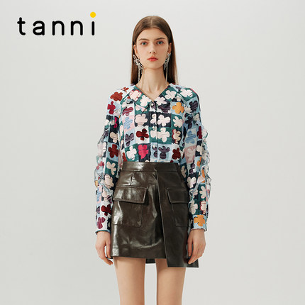 tanni新款优雅复古趣味蕾丝拼接幸运草印花衬衫TN31SH047A