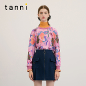 tanni新款 复古减龄百搭印花圆领拼接罗纹上衣TM31BL001A