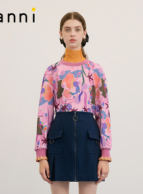 tanni新款复古减龄百搭印花圆领拼接罗纹上衣TM31BL001A