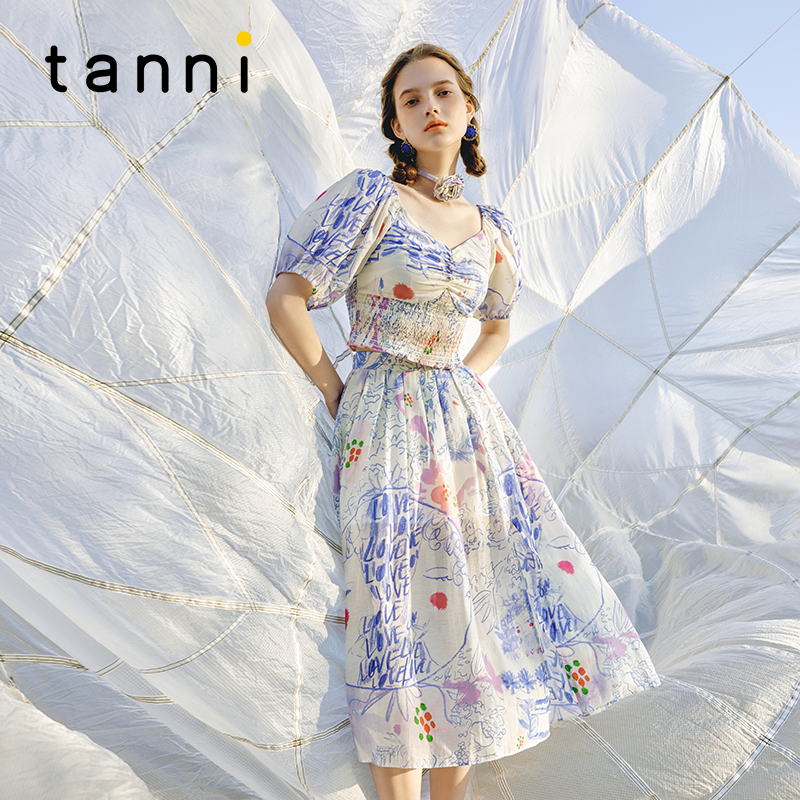 tanni紫色邂逅印花上衣半裙套装