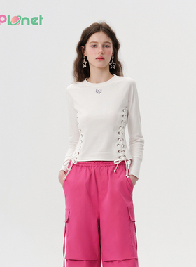 innplanet25春新款抽绳绑带设计百搭短款长袖打底上衣PO11BL012A