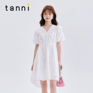 tanni新款 收腰长裙TM11DR066A 无腰带 仙女风度假X型V领花苞袖