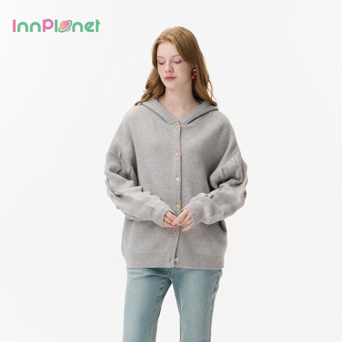 innplanet25秋冬新款慵懒百搭彩色扣纹理连帽针织开衫PO31KN038A