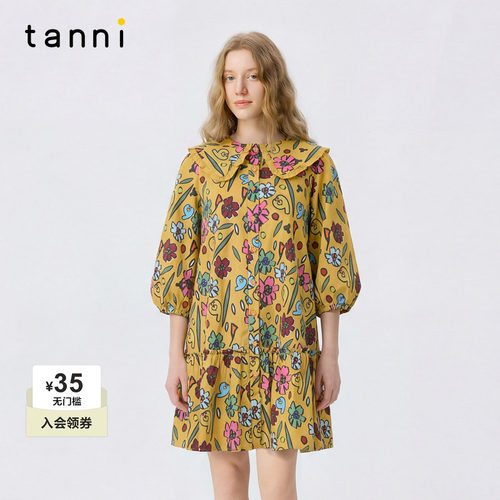 tanni复古风娃娃领泡泡袖连衣裙